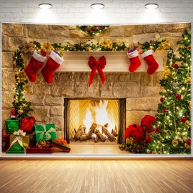 Haboke 12x8ft Christmas Fireplace Theme Backdrop for Photography Soft Wrinkle Free Fabric Tree Sock Decorations for Xmas Party Supplies Photo Background Pictures Banner Studio Decor Booth Props