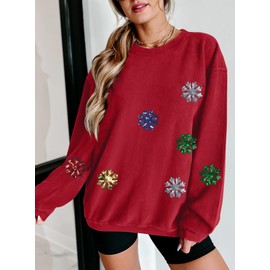 VILOVE Christmas Sweatshirt For Women Christmas Sequin Snowflakes Pullover Ribbed Sweatshirt Corded Crewneck Tops Red