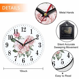 Mxocom Pink Rose Wall Clock Branch of Flowers Leaf and Buds 10 Inch Silent Non Ticking Battery Operated Clock Vintage Round Clock for Living Room Bedroom Bathroom Office Decor