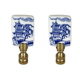 Royal Designs, Inc. Porcelain Chinese Garden Design Finial for Lamp Shade, Polished Brass, Blue & White, Pack of 2