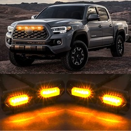 MAXHAWK LED Grill Light Kit Compatible with 2020-2023 Toyota Tacoma TRD Off Road & Sport OEM/Aftermarket Replacement Grill ~ 4pcs Smoked Lens Amber LED ~ Wiring Harness Splitter & Fuse