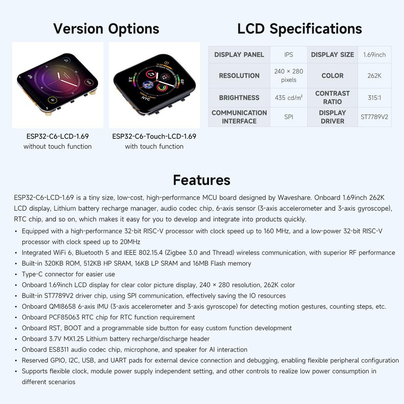Waveshare ESP32-C6 1.69inch LCD Development Board, 240×280 Pixels, Supports Wi-Fi