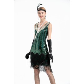 YENMILL Peacock-inspired 1920s Gatsby Beaded Flapper Sling Dress Womens Vintage Cocktail Dress W/Complete Accessories Set (Sling Green Gold, Small)