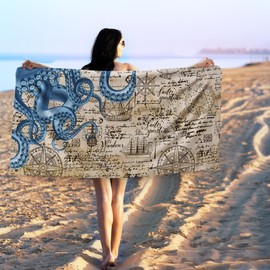 Gnmduw Vintage Octopus Beach Towel, Nautical Octopuses Sand Beach Towels Gifts for Women Men Adults, Coastal Octopus Quick Dry Bath Pool Towels for Swim Travel, Octopus Bathroom Decor, 30x60 in