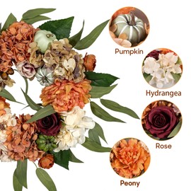 Beinhome Fall Wreath for Front Door, 16 Inch Artificial Autumn Hydrangea Pumpkin Peony Wreath for Party Farmhouse Wedding Home Porch Window Decoration Indoor Outdoor Decor