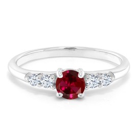 Gem Stone King 925 Sterling Silver Round Red Created Ruby and White Created Sapphire Women Engagement Ring (0.77 Cttw, Available In Size 5, 6, 7, 8, 9)