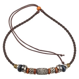 Ancient Tribe Boho Choker Necklace with Grayish Brown Tribal Bead & Brown Braided Leather Cord, Adjustable 15 Inches