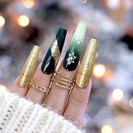 Rilafuvu Press on Nails Long Fake Nails Coffin with snowflake Designs Glue on Nails White Christmas Nails Gold Bling Glitter Nails Press ons Glossy Acrylic Nails Green Artificial Nails 24Pcs