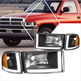 PM PERFORMOTOR L-Bar LED DRL Headlight(Headlamps) Assembly Compatible with Dodge Ram 94-02,Black Housing/Amber Corner