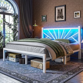 Metal Full bed frame with LED Lights,Full Size bed frame with Headboard,Heavy Duty Sturdy Mattress Foundation with Storage Space,Strong Metal Slats Support,Noise Free,No Box Spring Needed,White