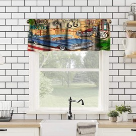 GoDazzling Old Car Kitchen Curtain Valance, Car Theme Vintage Route 66 Motorcycle Retro Window Valance, for Bedroom Living Room Cafe Bathroom 1 Panels W54xL18in