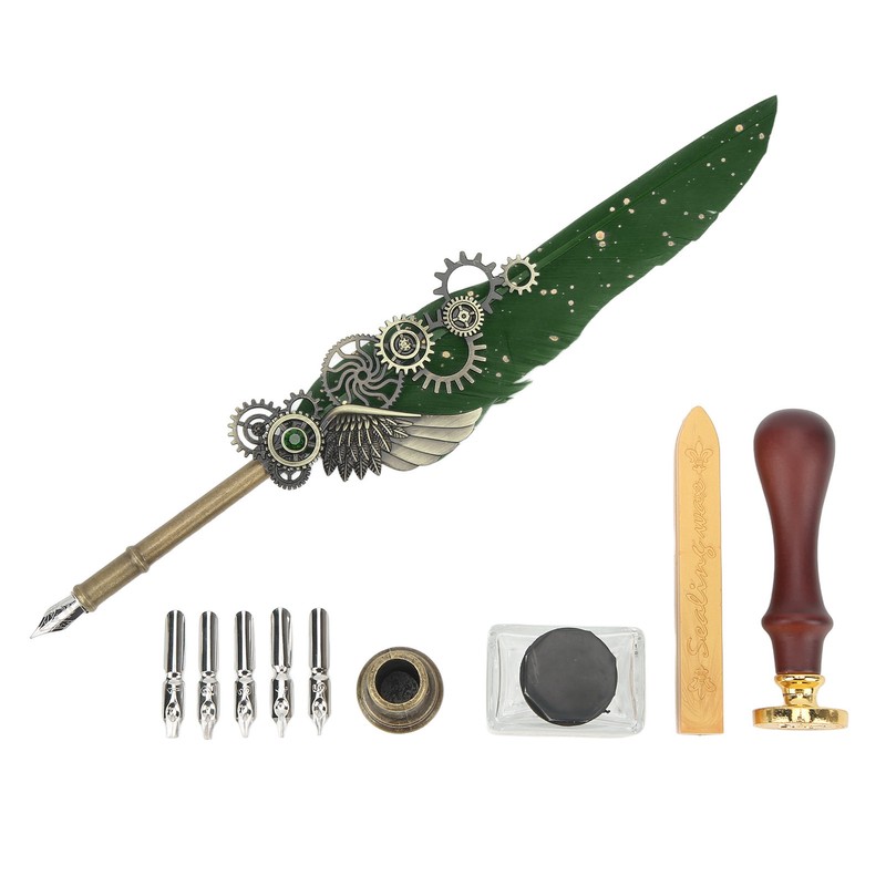 Retro Feather Pen Set Vintage Map Pattern Quill Pen Set
