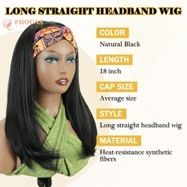 PHOCAS 18" Straight Long Black Headband Wig Wear and Go Glueless None Lace Head Band Wigs Synthetic Natural Black Long Headband Wigs For Women - 100% Heat Resistant Fibers