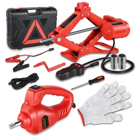 Auto Dynasty Electric Scissor Jack Kit, 3 Ton (6614LBS) Steel Leveling Scissor Car Jacks, Lifting Range 13.7" (Max) to 4.7" (Min) Scissor Lift Jacks with Screw Rod and Powerful Impact Wrench Kit, Red