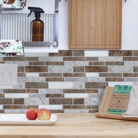 Vamos Tile 10- Sheet Peel and Stick Backsplash Tiles, 12"x12" Light Color Stick on Wall Tiles, Self Adhesive Tile Sticker for Kitchen Backsplash and Bathroom Marble Design(Brown Marble & White)