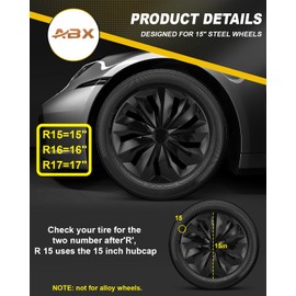 ABX Hubcaps, 15 inch hubcaps Set of 4, Wheel Rim Cover ABS Material, Snap On Car Truck SUV Replacement Hub Cap, for Toyota Camry Nissan Mazda etc, Black