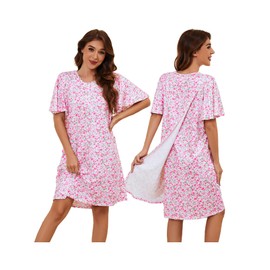 Open Back Hospital Gowns for Women Tear Away Snap Post Shoulder Dress Short Sleeve Soft Adaptive Clothing with Pockets (Floral Pink-L)