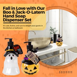 Simple Pleasures Fun Shaped Bottle with Scented Liquid Soap - Plastic Decorative Hand Pump Refillable Soap Dispenser for Kitchen and Bathroom (Set of 2 Ghost & Pumpkin)