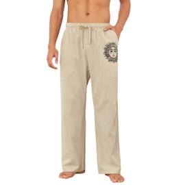 Puimentiua Cotton Linen Pants Men, Summer Beach Pants Loose Fit with Elastic Waist Drawstring Khaki