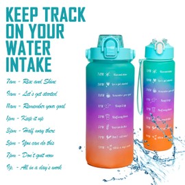 MAFEE 3 in 1 Motivational Water Bottles with Straw - Time Marker, Large Drinking Bottle Leakproof 2L/900ml/300ml Water Jugs for Sports Gym Travel Gift BPA Free. (Turquoise Blue)