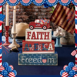 Britimes 4 Pcs Memorial Day Decor Patriotic Tiered Tray Decorations Set, 4th of July Table Sign Farmhouse Red White Blue Rustic Wooden Block Stack Sign for Home Fireplace Mantel (Independence Day Car)