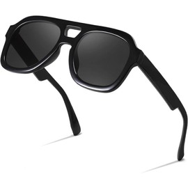 FEISEDY Vintage Pilot Sunglasses Double Bridge Women Men Large Square Thick Frame Trendy Eyewear UV400 B2846 - Color: Black Frame & Gray Lens, Lens Width: 53 Millimeters