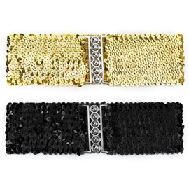 sourcing map Ladies Sequins Decor Metal Interlooking Buckles Elastic Waist Belt Gold & Black One Size
