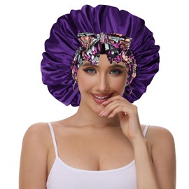 Vettres Silk Bonnet for Sleeping Straight Hair Silk Turban Hair Cover for Sleeping Silk Bonnet with Tie Purple Flower