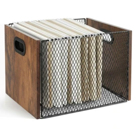 Yalikop Hanging File Organizer File Box Hanging Folder Storage Boxes Rustic Brown Wood Cabinet with Handle for Home Office Desk, Letter Size