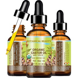 Botanical Beauty Organic Castor Oil 100% Pure Natural Cold Pressed Carrier Oil 1 Fl.oz.- 30 ml. for Face Skin Hair Lashes Brows, Nails.