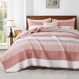 Andency King Size Quilt Set Blush Pink, 3 Pieces Summer Ultra Soft Lightweight Bedspreads & Coverlets Set, Patchwork Striped Quilted Bedding Sets for All Seasons (1 Quilt, 2 Pillow Shams)