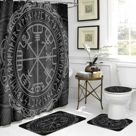 GURETER Viking Runic Compass Shower Curtain Set, 4PCS Vegvsir Nordic Celtic Rune Black Bathroom Sets with Shower Curtain and Rugs, Toilet Lid Cover, Bath Mat and U Shaped Rug, 12 Hooks, SETXTGU3