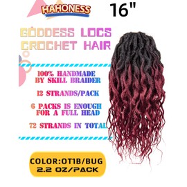 Goddess Faux Locs Crochet Hair 16 Inch 6 Packs Ombre Burgundy Pre Looped Curly Soft Faux Locs Dreadlock Synthetic Ombre Braiding Hair Extensions For Black Women(16 Inch-6 Packs,OT1B/BUG)