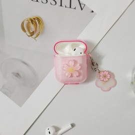Faneiy for AirPods 2nd/1st Generation Case Pink 3D Flower Cute Clear Glitter,Aesthetic Women Girly with Keychain Protective Earphone Cover for AirPod 2 1
