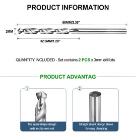 METALLIXITY Drill Bit (3mm) 2Pcs, 4241 High-Speed Steel Straight Shank Uncoated (Bright) 118° for Wood Plastic Iron Copper Aluminum Low Soft Metal