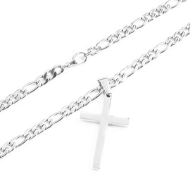 FZTN Jewelry 4mm White Gold Flat Figaro Chain Necklace with Cross Pendant for Men Boys 18 Inch 18K White Gold Plated Stainless Steel Fashion Jewelry