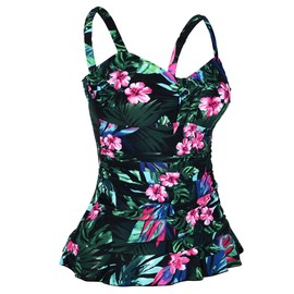 Hilor Women's 50's Retro Ruched Swimwear Tankini Tops with Ruffle Hem - Tankini 54