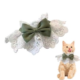 OUDQFCJ 1 Piece Cat Collars with Beads, Cat Collars with Bell, Adjustable Pearl Bow Tie Collars, Cute Collar Accessories, Green, M