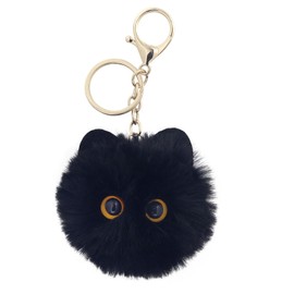 Mamfous Cute Cat Pom Pom Keychains for Girls,Fluffy Keychain Accessories,Fuzzy Backpack Charms for Women (Black)