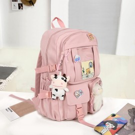 youcoscos Kawaii Backpack with Bear Plush Kawaii Pin Accessories Cute Aesthetic Bookbag School Bags for Girls Teen (Cute, Pink)