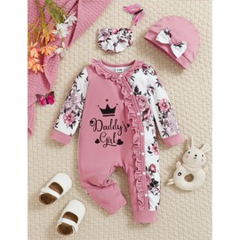 Doresbebe Newborn Infant Baby Girl Clothes Rompers Fall Floral Jumpsuits Long Sleeve Onepiece Home Clothing Set Winter 3Pcs for New Born Cute Headband Bow+ Hat Pink