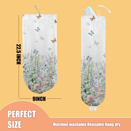 Wildflowers Butterfly Plastic Bag Holder, Wall Mount Grocery Bag Holder, Plastic Storage bag, Pull Rope Free Adjustment, Plastic Bag Holders for Grocery Bags, Plastic Bag Dispenser for Home Kitchen