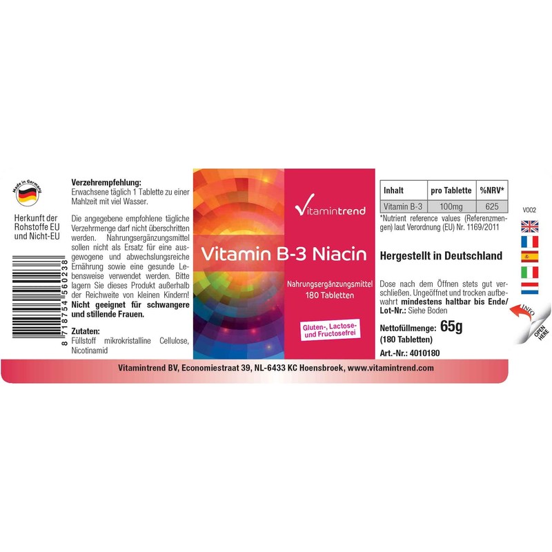Vitamin B3 Niacin 100 mg - 180 Tablets - For