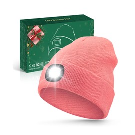MOXTOYU Unisex Beanie with Light, USB Rechargeable LED Headlamp Hat, Christmas Stocking Stuffers Gifts Warm Knitted Cap for Men Women Dad Mom Pink