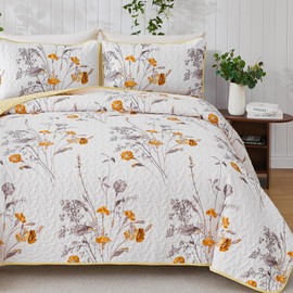 WONGS BEDDING Yellow Floral Quilt Set Queen Size, 3 Pieces Botanical Plants Pattern Bedspread Coverlet Set with 2 Pillowcases, Soft Lightweight Microfiber Bedding Set for All Season(96"×90")