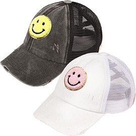Funky Junque Girls Criss Cross Ponytail Baseball Cap Adjustable Youth Trucker Hat Ages 4-10 - 2 Pack Smiley Face - Black/Yellow & White/Pink