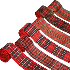 NAUZE 6 Rolls Christmas Wired Edge Tartan Ribbons Christmas Buffalo Plaid Ribbon Red Green Plaid Ribbon for Christmas Tree Decorations Wreath Bows Making
