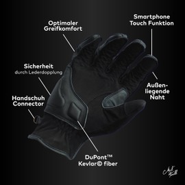 Mycl Turell Motorcycle Gloves Cross Stitch - Men's Motorcycle Gloves - Genuine Leather - Gloves Men's Motorcycle Touring with Gel Padding (Black, S)