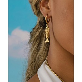 FAUTHENTICUTE 14K Gold Fish Earrings For Women Small Gold Huggie Hoop With A Movable Koi Fish Charm Summer Boho Jewelry Gift