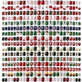 384 Pcs 16 Pack Christmas Press on Nails Short Christmas Glue On Nails Square Fake Christmas Nails Plastic Artificial Nail Full Cover with Santa Elk Snowflake Pattern for Women